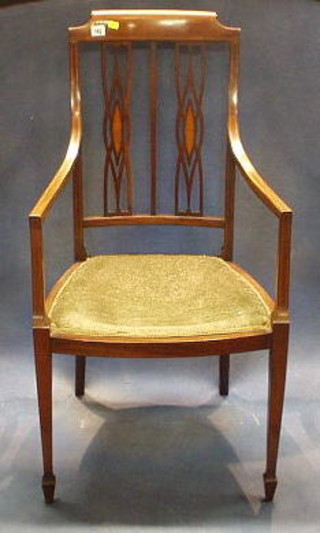 A set of 5 Edwardian inlaid mahogany stick and rail back dining chairs (1 open arm carver and 4 standard)