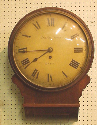 A 19th Century drop dial fusee wall clock, the 12" painted dial with Roman numerals marked Charles Tutton of Bath