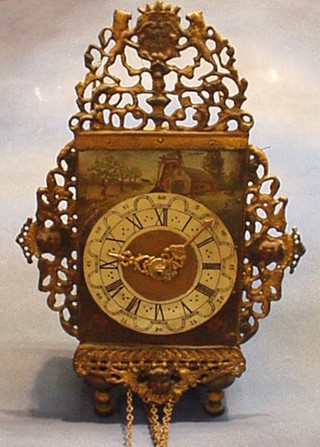 An 18th Century Dutch 30 hour hanging striking wall clock with bird cage movement, the 7" rectangular dial painted windmill and figures and having pierced lead panels to the sides, marked SD, contained on a painted stand