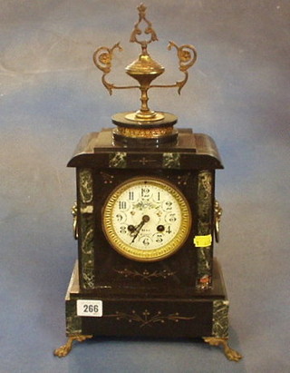 A French 19th Century 8 day striking mantel clock contained in a black and grey marble architectural case, surmounted by a gilt metal urn (case f) by Neau