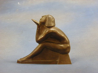 Demarthis, a bronze Art Deco fountain head in the form of a crouching naked lady 9" 