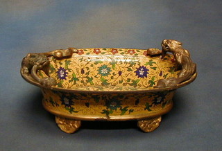 A 19th Century cloisonne enamelled twin handled vase with gilt lion handles raised on panelled doors 14"