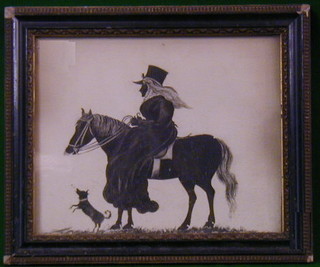 A Victorian pencil drawing "Lady Riding a Horse" 9" x 11", inscribed to the reverse