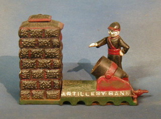 A reproduction 19th Century cast iron money box "The Artillery Bank"