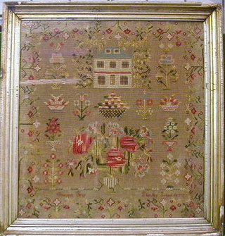 A Victorian woolwork sampler with house and flowers by Rosim Smy? Thealby School 1877 25" x 23" (good colour)