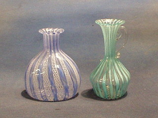 A Nailsea type white and blue glass vase 4" and a similar jug 5"
