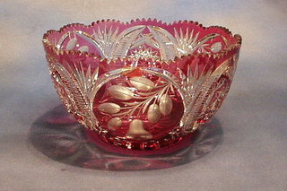A large ruby cut glass bowl 11"