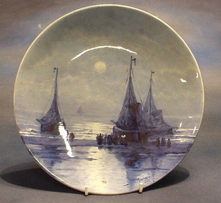 A 19th Century Delft pottery plate by Uoost Thooft & Labouchere, decorated fishing boats and folk at dusk, 11"