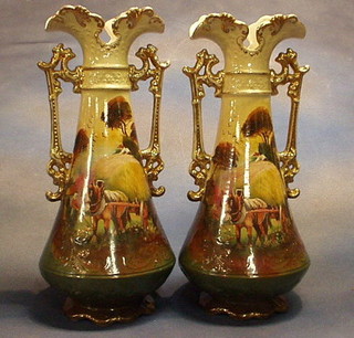 A pair of Edwardian pottery twin handled vases with floral decoration flowers 17"