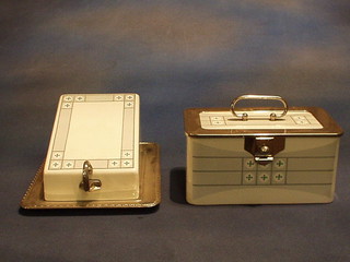 A Continental porcelain cheese dish and cover with chromium plated mounts and a matching sandwich tin