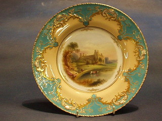 A Coalport porcelain plate with green and cream banding decorated Linlithgo Place 9"