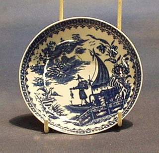 An 18th Century Dr Wall period Worcester blue and white saucer decorated Willow Pattern, 4"