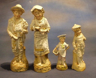 A pair of 19th Century biscuit porcelain figures boy and girl 12" (f and r) and 2 other biscuit porcelain figures (f and r)