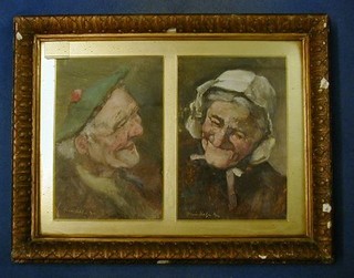 Heane Tanher Bgnn, a pair of oil paintings on board head and shoulders portrait "Elderly Scotsman and Lady" 8" x 5" 