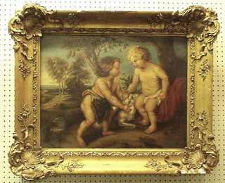 An Old Master oil painting on board "Two Children with Goat" 17" x 22"