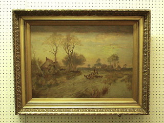 E Wakefield, oil painting on canvas "Country Scene with Lane Buildings and Driven Sheep" signed and dated 1909, 16" x 22"