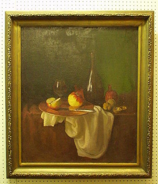 Russian School, oil painting on canvas, still life, "Wine Bottle, Apple and Walnuts" 27" x 23"