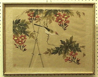 An Oriental painting on silk "Birds Amidst Flowering Branches" 11" x 15"