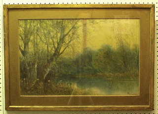 Arthur Lucas, watercolour drawing "Wooded River with Figure in Boats" 13" x 20" signed 