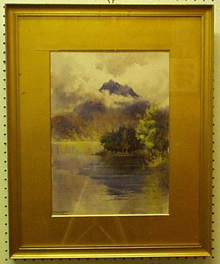 19th Century watercolour drawing "Misty Mountain Lake" 13" x 10"