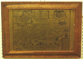 A reproduction engraved brass map of Sussex contained in a maple frame 10" x 14"