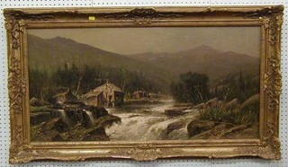 William H Weisman, oil painting on canvas "Mountain Stream with Buildings" 19" x 29"