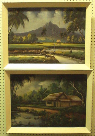 A pair of Oriental oil paintings on silk panels "Volcano and House" 14" x 19"