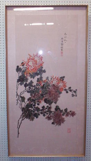 An Oriental painting on silk "Chrysanthemums" 40" x 18" signed