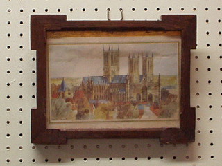 Bayr, a pair of miniatures on oil, "Flowers" 3" contained in gilt metal frames and a coloured print "Lincoln Cathedral" 4" x 8"