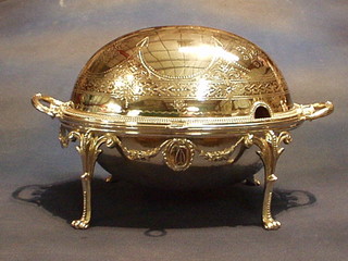 An engraved silver plated oval roll top breakfast dish