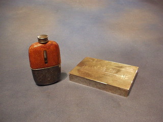 A Victorian glass hip flask with silver plated cup and a rectangular engraved silver plated cigarette box (2)