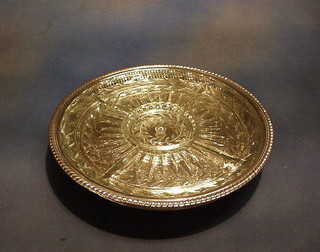 A pierced silver plated revolving Lazy Susan, a silver plated salver 14" and a circular silver plated and cut glass dish