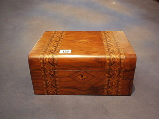 A Victorian mahogany D shaped trinket box with parquetry banding and hinged lid 12"