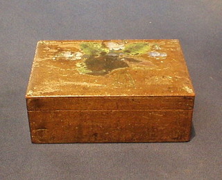 A small 19th Century wooden box containing 2 crucifixes, an RAF ring, 2 pocket knifes, propelling pencil and a silver ingot