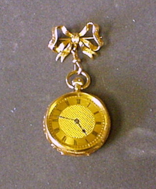 A lady's 14ct fob hanger, hung a lady's open faced pocket wtach contained in an 18ct gold case