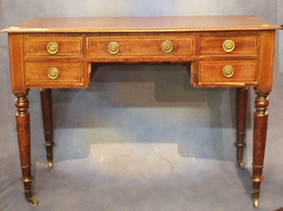 A 19th Century inlaid mahogany desk fitted 1 long and 4 short drawers, raised on turned supports 42"