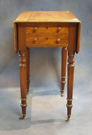 A Victorian mahogany drop flap Doctor's/work table fitted 2 drawers and raised on turned supports ending in brass caps and castors 19"