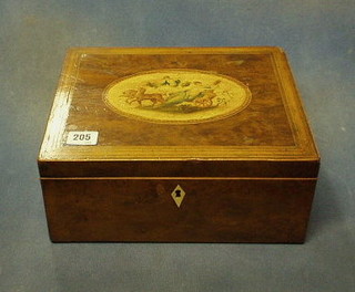 A Victorian figured walnutwood trinket box, the lid with and oval panel painted a mythical scene, having line inlay and ivory escutcheon, 12"