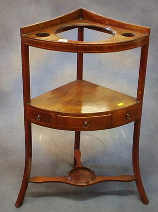 A Georgian inlaid mahogany 3 tier corner wash stand fitted a bowl receptical above 1 long drawer 40"