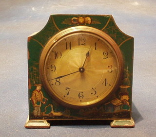 A 1930's Swiss 8 day bedroom clock with silvered dial and Roman numerals contained in a green lacquered case with chinoiserie decoration