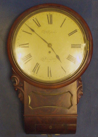 A fusee drop dial wall clock, the 12" circular painted dial with Roman numerals marked Vaughan of Newport contained in a mahogany case with brass bezel  