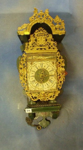 A 17th Century Dutch 30 hour hanging wall clock, the 7" rectangular painted dial decorated sailing boats, contained   with pierced gilt painted lead mounts