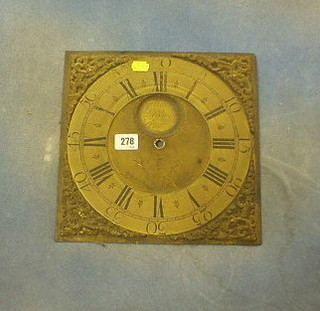 An 18th Century brass 30 hour longcase clock dial with gilt metal spandrels and Roman numerals marked William Lanrena of Babacombe 11"