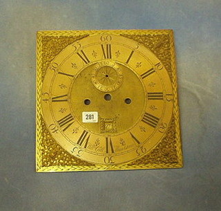 An 18th Century square brass longcase clock dial with gilt metal spandrels, silvered chapter ring and Roman numerals, having calendar aperture and minute indicator with 2 winding holes by William Gill of Maidstone 12"