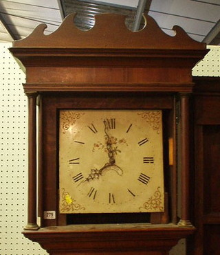 An 18th Century striking 30 hour longcase clock with square 12" dial painted spandrels and Roman numerals having a calendar aperture, contained in an oak crossbanded case 84"