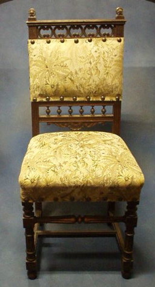 A set of 6 Continental carved oak dining chairs with upholstered seats and back (2 carvers, 4 standard)