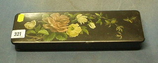 A 19th Century rectangular glove box painted roses and a bee 12"