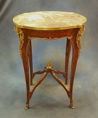 A French circular Kingwood occasional table with gilt metal mounts and pink veined marble top 26"