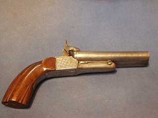 A "Belgian" double barrelled box lock pin fire pistol with 6 1/2" polished steel barrel and walnut grip