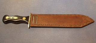 A 19th Century steel "Bowie" knife with 2 1/2" shaped blade with horn and brass grip, complete with leather scabbard